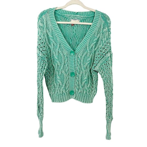 Anthropologie Pilcro Blue Green Cable Knit Cardigan Sweater V-Neck - Size Small - Picture 1 of 7
